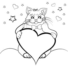 Coloring page with cartoon fluffy cat with heart. Black and white drawing illustration