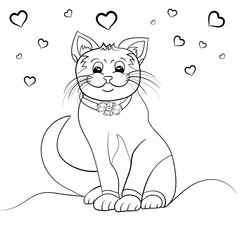 Coloring page with cartoon fluffy cat.