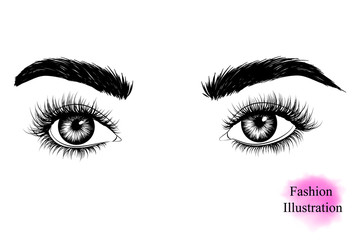  Hand-drawn black and white image of a woman's eyes with long eyelashes looking to the side, eyebrows. Fashion Illustration Vector EPS 10.