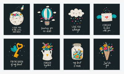 Vector hand drawing set. Poster collection with cute doodle illustrations and lovely slogan. Valentine's day