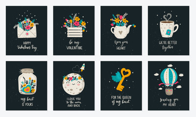 Fototapeta premium Vector hand drawing set. Poster collection with cute doodle illustrations and lovely slogan. Valentine's day