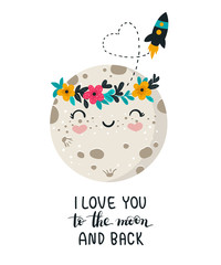 Vector hand drawing poster with cute moon and lovely slogan. Doodle illustration. Valentine's day