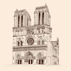 Notre Dame de Paris Gothic Catholic Cathedral in Paris France. Pencil sketch on a beige background.
