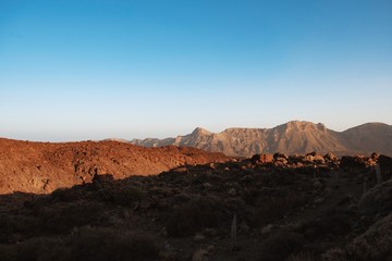 View of volcanic scene teide desert rocky plain sunset landscape