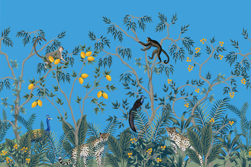 Cotton fabric Vintage chinoiserie fruit tree, plant, bird, leopard, peacock seamless border blue background. Exotic oriental wallpaper.
