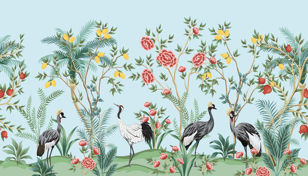 Vintage Chinoiserie Floral Palm Tree, Fruit Tree, Plant, Crane Bird, Red Roses Seamless Border Blue Background. Exotic Oriental Wallpaper.