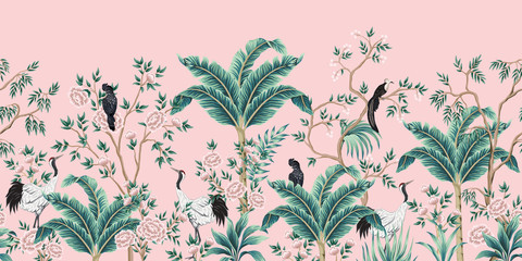 Vintage garden tree, banana tree, plant, crane, parrot, bird floral seamless border pink background. Exotic chinoiserie wallpaper.