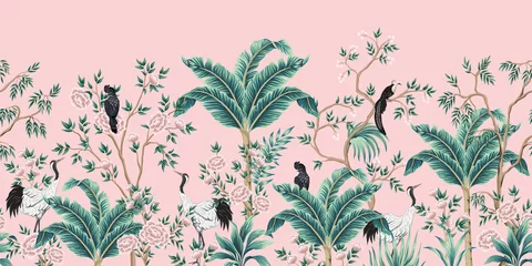 Foto auf Glas Vintage Gartenbaum, Bananenbaum, Pflanze, Kran, Papagei, Vogel floral nahtlose Grenze rosa Hintergrund. Exotische Chinoiserie-Tapete. © good_mood