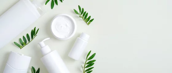 Washable wall murals Beauty salon Natural organic SPA cosmetic products set with green leaves. Top view herbal skincare beauty products on green background. Banner mockup for eco shop or beauty salon. Flat lay minimalist style
