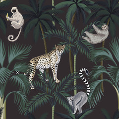 Tropical night vintage wild animal leopard, sloth, lemur, palm trees, floral seamless pattern dark background. Exotic botanical jungle wallpaper.