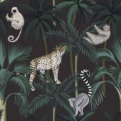 Zelfklevend Fotobehang Tropische print Tropische nacht vintage wilde dieren luipaard, luiaard, lemur, palmbomen, naadloze bloemmotief donkere achtergrond. Exotisch botanisch junglebehang.