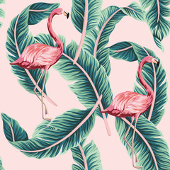 Tropical vintage pink flamingo, green banana leaves floral seamless pattern pink background. Exotic jungle wallpaper.