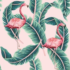 Wall murals Tropical set 1 Tropical vintage pink flamingo, green banana leaves floral seamless pattern pink background. Exotic jungle wallpaper.