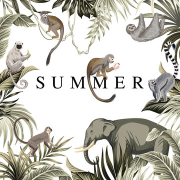 Tropical Summer Slogan Palm Leaves, Wild Animals, Monkey, Elephant,lemur, Sloth Vintage Floral Illustration. Exotic Frame Print.
