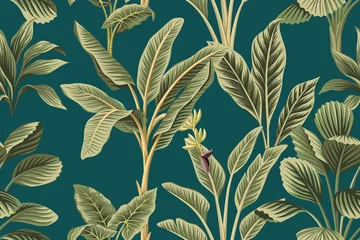 Tapeten Bestsellers Tropische Vintage botanische Palmen, Bananenstaude und Pflanzen floral nahtlose Muster grünen Hintergrund. Exotische Dschungeltapete.