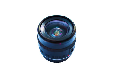 Camera lens with lens reflections, on a white background.