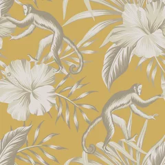 Behang Hibiscus Tropische vintage beige aap, hibiscus bloem, palmbladeren naadloze bloemmotief gele achtergrond. Exotisch junglebehang.