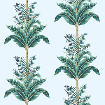Tropical vintage palm trees, banana tree floral seamless pattern blue background. Exotic jungle wallpaper.