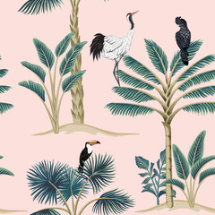 Tropical vintage botanical animal crane, parrot, toucan floral palm tree seamless pattern pink background. Exotic jungle wallpaper.
