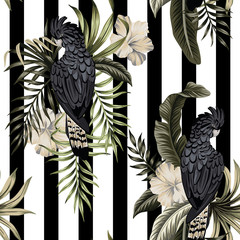  Tropical vintage black exotic parrot, hibiscus flower, palm leaves floral seamless pattern striped background. Exotic jungle wallpaper.