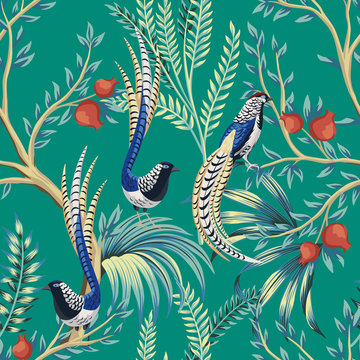 Vintage Garden Pomegranate Fruit Tree, Plant, Exotic Bird Floral Seamless Pattern Turquoise Background. Exotic Chinoiserie Wallpaper.
