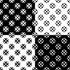 Fototapeta na wymiar Four different seamless monochrome polka dot in polka dot patterns in black and white, useful for fabric, textile, wrapping paper, wallpaper, … vector eps 10