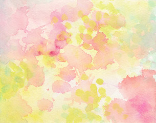 Pink and yellow watercolor paint splash or blotch background with fringe bleed wash and bloom design, blobs of paint and old vintage watercolor paper texture grain © Arlenta Apostrophe