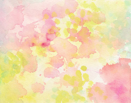 Pink and yellow watercolor paint splash or blotch background with fringe bleed wash and bloom design, blobs of paint and old vintage watercolor paper texture grain