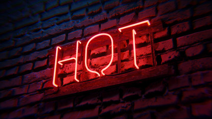 An angled view of a neon sign on a brick wall that reads, "Hot," in vibrant red lettering at night. © Gregory Allen Brown