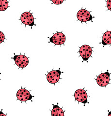 Seamless background with ladybugs in children's cartoon style colorful hand drawing.