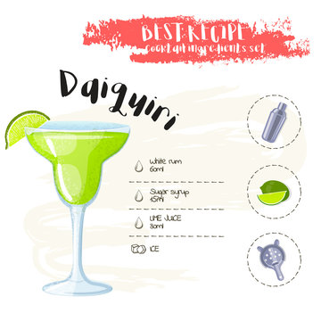 Daiquiri. Image of a cocktail and a set of ingredients for making a drink at the bar. Cartoon style. Vector illustration