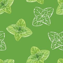 Oregano leaves seamless pattern. Vector cartoon color illustration of green herbs on green background. White outline.