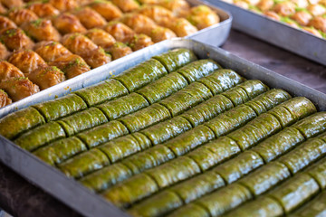 Turkish national sweets at the street shop. Baklava and delights Turkish cusine.