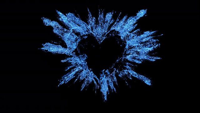 Sapphire blue shining glitter burst explosion forming a heart shaped hole. St. Valentines Day love animation. Vivid bokeh sparkles, glowing particles. Romantic lovely logo copy space. Alpha copyspace