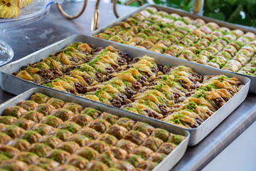 Turkish national sweets at the street shop. Baklava and delights Turkish cusine.