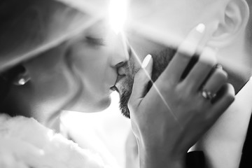Black and white foto of amazing smiling wedding couple. Pretty bride and stylish groom posing  and...