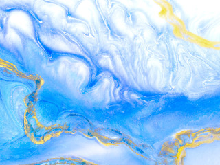 Blue with gold creative abstract hand painted background, marble texture