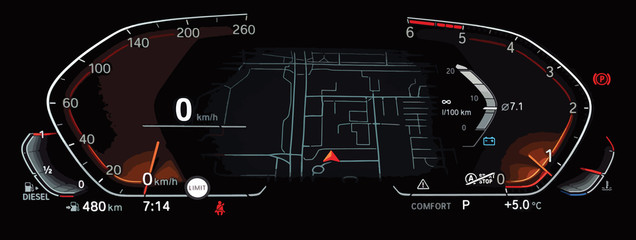 Illustration of fully digital LCD instrument cluster with navigation screen in center. Car dashboard panel with speedometer, tachometer, fuel and temperature gauge, seat belt reminder, gear position.