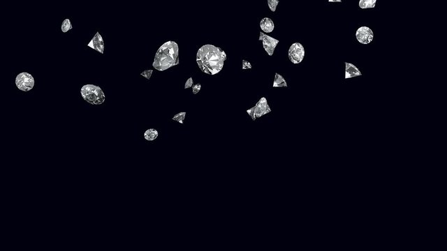 3d animation of diamonds falling in slow motion on a dark black background. Diamonds rain in 4k