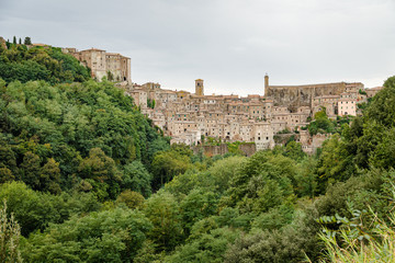 Fototapeta na wymiar Panorama of Sorano, a town built on a tuff rock, one of the most beautiful villages in Italy.