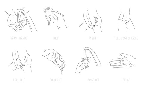 Instructions using menstrual cup woman during period. Vector doodle icons