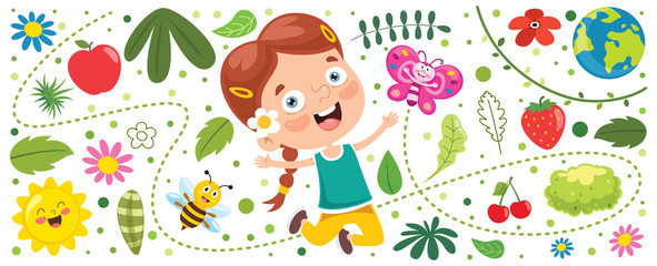 Naklejka premium Banner With Little Kid At Nature