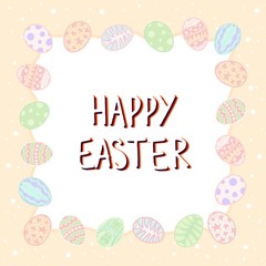 Happy easter square postcard with paschal eggs. Vector pastel holidays background.