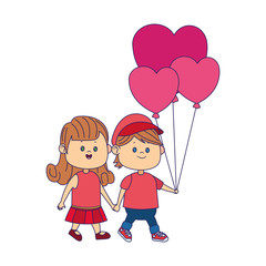 happy girl and boy walking with hearts balloons