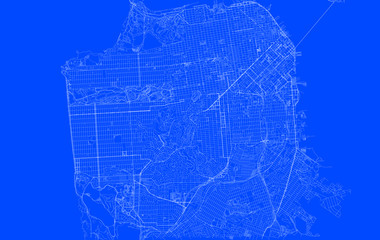 Blueprint of San Francisco city, One Color Map, color change, Artprint