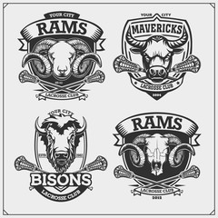 Lacrosse club emblems and labels with bison, bull and ram. Print design for t-shirts.
