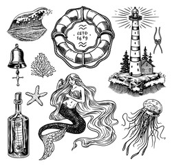 Nautical adventure set. Sea lighthouse, mermaid and marine ocean waves, seaman and lifebuoy. Hand drawn engraved old sketch.