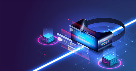 Virtual or augmented reality concept in isometric vector illustration. VR/AR glasses connection to network. Can be used as website poster or landing page design. 3D VR glasses on blue grid background