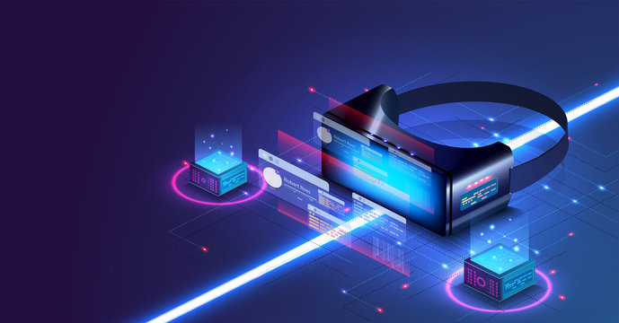 Virtual Or Augmented Reality Concept In Isometric Vector Illustration. VR/AR Glasses Connection To Network. Can Be Used As Website Poster Or Landing Page Design. 3D VR Glasses On Blue Grid Background