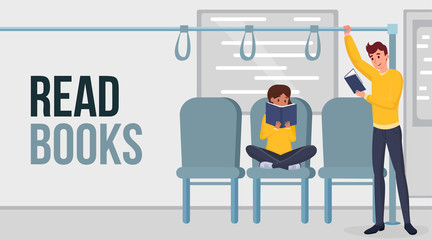 Read books flat vector banner template. Cartoon people enjoying useful hobby in public transport. Young commuters with paperback books reading novels in subway train poster design layout